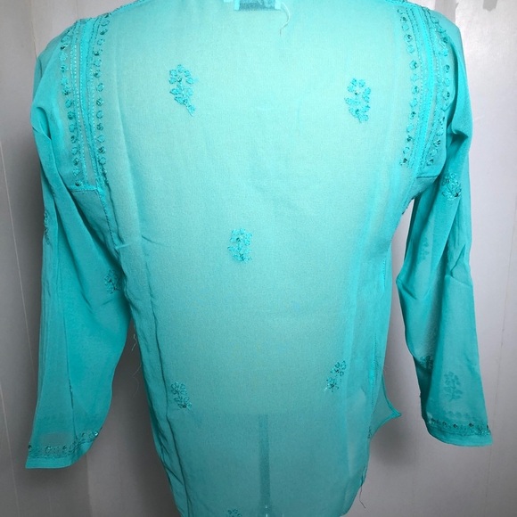 - Womens Aqua Blue & Sequins Sheer Top. Small - Picture 5 of 9